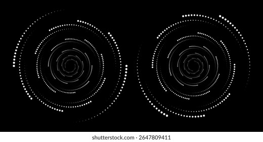 Plano de fundo abstrato em forma de círculo com pontos de meio-tom dinâmicos como setas. mesma forma branca no lado preto.