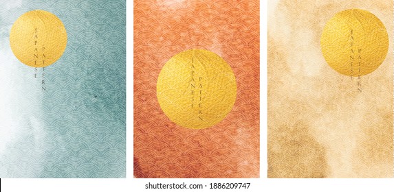 Abstract background with circle shape vector. Geometric element with Japanese wave pattern. Watercolor texture with gold foil decoration.