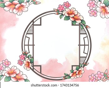 Abstract background of circle shape window Chinese style with flower background. Vector illustration. Design for printed, flyers, banners, invitations card, special offer and more.