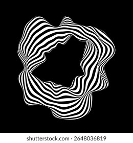 Fundo abstrato com linhas de onda circulares. Projeto vetorial abstrato dinâmico. Ilusão óptica 3D- arte de linhas. Forma suave curva sobre fundo preto.