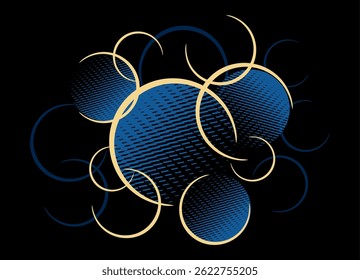 Abstract background from circles, in dynamic technological style. Gold lines and gradient blue triangles , digital, high-tech graphics. technology, innovation, Modern pattern. Design element. Luxury
