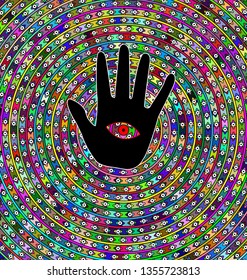 abstract background circles, eyes and black hand