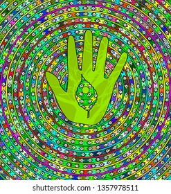 abstract background circles, eyes and green hand