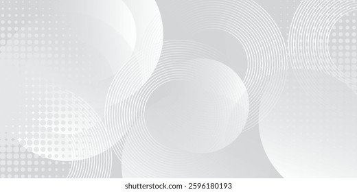 Abstract background with circles and halftone dots pattern. Grey and white backdrop