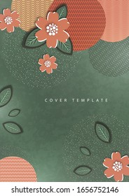 Abstract background, circles, lines, dots, cut out of paper flowers and leaves. Trendy graphic design for banner, poster, card, cover, invitation, brochure. Vector illustration