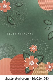 Abstract background, circles, lines, dots, cut out of paper flowers and leaves. Trendy graphic design for banner, poster, card, cover, invitation, brochure. Vector illustration