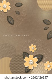 Abstract background, circles, lines, dots, cut out of paper flowers and leaves. Trendy graphic design for banner, poster, card, cover, invitation, brochure. Vector illustration