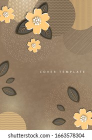 Abstract background, circles, lines, dots, cut out of paper flowers and leaves. Trendy graphic design for banner, poster, card, cover, invitation, brochure. Vector illustration