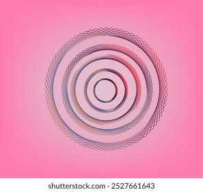  abstract background with circles. Round frame made of dynamic neon curved lines on pink light background.