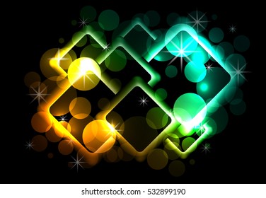 Abstract background with circles, sparks, rhombus on  dark background.