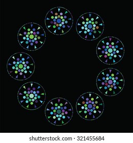 abstract background with circles and triangles of blue and green colors arranged in a circle