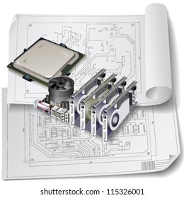 Abstract background with a circuit board and drawings