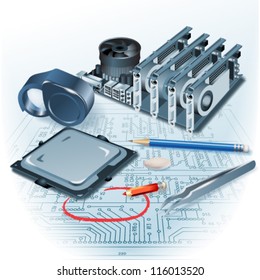 Abstract background with a circuit board and drawings