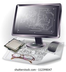 Abstract background with a circuit board, a monitor and drawings