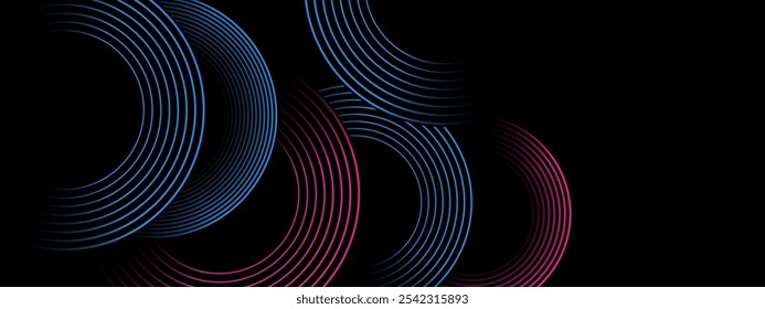 Abstrakter Hintergrund mit kreisförmigen blauen und rosafarbenen Linienmustern auf dunklem Hintergrund. Vektor.