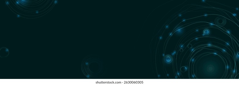 Abstract background with circular lines and glitter. Dark green banner for presentations on the theme of big data, space, science fiction. Copy space