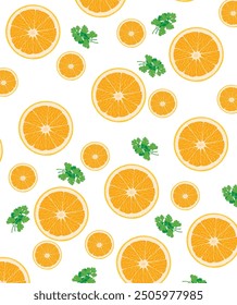 Abstract background with citrus-fruit of orange slices and green leaf stock illustration