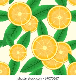 Abstract background with citrus-fruit of orange slices and green leaf. Seamless pattern. Vector illustration.