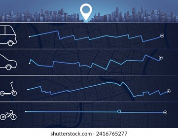 Abstract background cityscape. Traveling by various means of transport, car, bicycle, public transport, scooter. Intended goals. Navigation for obtaining data on distance, path. Vector, illustration