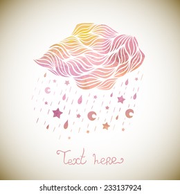 Abstract background with cloud, rain, stars and moons. Watercolor paint. Childhood theme. Can be used for card, invitation or some text.
