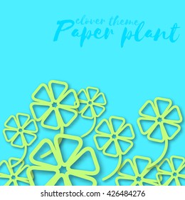 Abstract background with clover made of paper/Frame of cut from paper 3d clover leaves. Salad color leaves on turquoise background