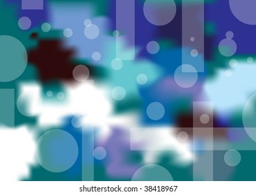 Abstract background. Cold, blue, green, white, dark red. White rectangles, circles and squares.