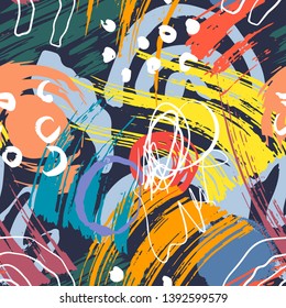 Abstract background. Collage. Colorful seamless pattern with brush strokes in memphis style. for print, textile, wear, magazines, template, card, poster, flyer design, brochure.