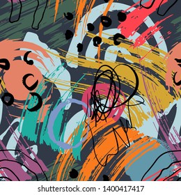 Abstract background. Collage. Colorful seamless pattern with brush strokes in memphis style. for print, textile, wear, magazines, template, card, poster, flyer design, brochure.