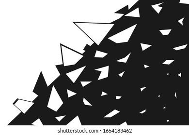 The abstract background is collapsing. Fragments in the form of geometric shapes, triangles fly in different directions. Broken, cracked surface texture. Monochrome vector eps illustration.