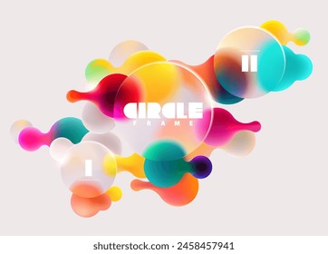 Abstract background with color bubbles and glass circle frame. Vector template for cover, poster, web.