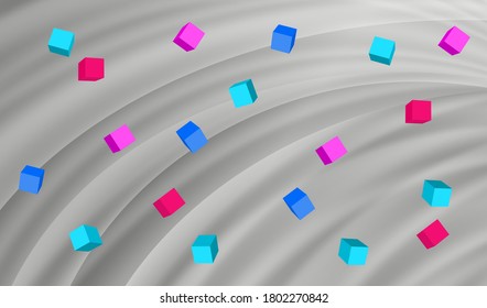 Abstract background with color cubes on the waves surface. Gray draped textile background. Soft folds of satin fabric and geometris shapes. Vector EPS10