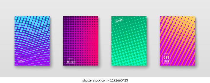 Abstract background with color elements halftone texture. Bright geometric gradient pattern poster design. Trend minimal cover. Blue, pink, yellow, green placard template. Vector illustration.