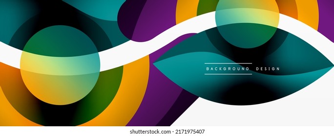Abstract background with color geometric shapes. Beautiful minimal backdrop with round shapes circles and lines. Geometrical design. Vector illustration