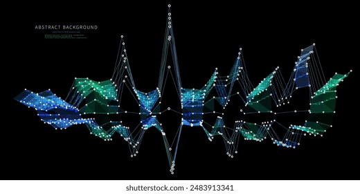 Gráfico de color de fondo Abstractas de audio de puntos y líneas ruidosas. Tecnología wireframe concept audio de datos de pantalla virtual.  Anuncio de análisis de datos empresariales, científicos y tecnológicos. Big Data.