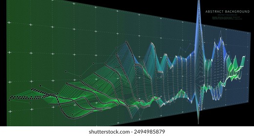 Abstract  background color graph audio from points  and noisy lines on screen. Technology wireframe concept  virtual data audio.  Banner for business, science and technology data analytics. Big Data.