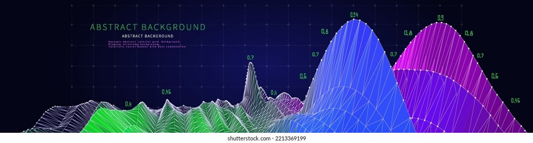 Abstract  background with color grid and data on dark blue. Technology 3d polygonaly concept. Presentation analysis of graph data.  Banner for business, science and technology data analytics represent