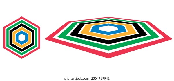 Abstrakter Hintergrund mit farbigen Sechsecken. Logo oder Symbol für Kunstdesign. Rot, Grün, Schwarz, Gelb und Blau.