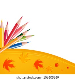 Abstract background with color pencils and leaves. Back to school concept.
