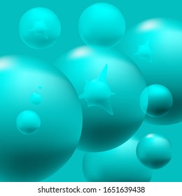 Abstract background, color of a sea wave. Three-dimensional balls, some with a core. Vector image. Mesh gradient.  To design a design backgrounds.