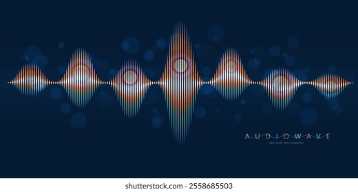 Abstract background with color sound wave lines and particles on blue. Technologyl sound wave and spot light. For music wave poster design.