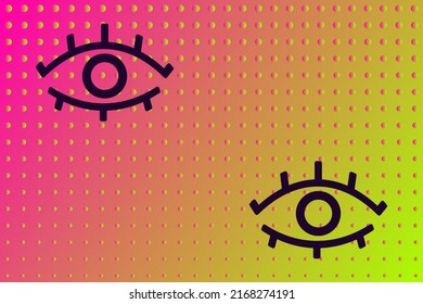 Abstract background with a color transition from green to pink dots with a gradient. Contoured eyes in the style of the 90s. Wallpapers for applications, interfaces. Horizontal design.