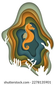 Abstract background with color waves, paper art illustration liquid figures, corals and sea horse. Dynamic color shapes. Vector design layout for banners presentations, flyers, posters and invitations