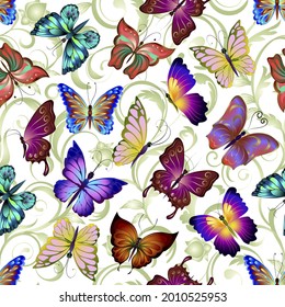Abstract background with colored butterflies.Multicolored butterflies on an abstract background in a vector pattern.