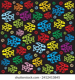 Abstract background of colored cartoon fish. Vector graphics.