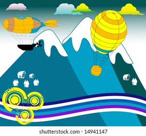 Abstract background with colored clouds, hot air balloon and dirigible flying through the mountains