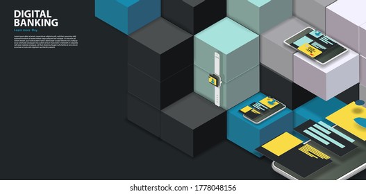 Abstract background of colored cubes and mobile phone and digital tablet with banking application horizontal banner. Vector banner
