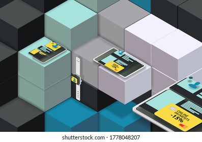  Abstract background of colored cubes and mobile phone and digital tablet with banking app. Vector banner