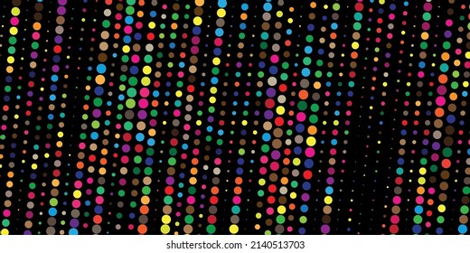 Abstract background of colored dots of different sizes on black background