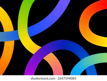 Abstract background with colored dynamic linear waves and circular design elements on black background