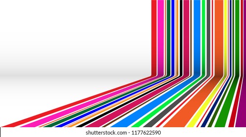 Abstract background of colored paper strips in a white room. Isometric view. Vector design.